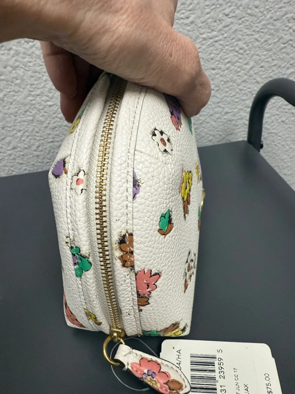 Coach White Floral Zip Cosmetic Pouch with Multicolor Blooms